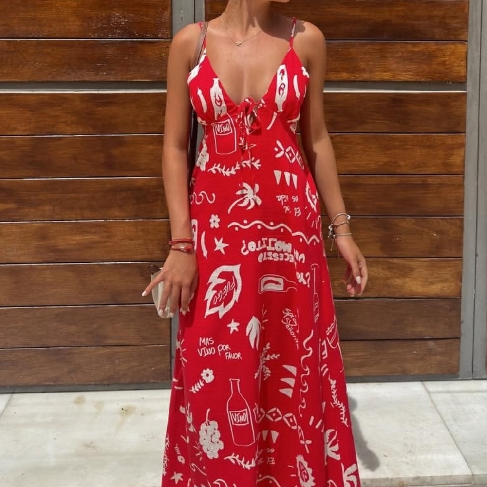 Paper Heart Red Linen Maxi Dress Spaquetti Strap EuroSummer Tropical Resort Boho